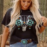 Carbon Grey Vintage Western Bull Head Skull Turquoise Aztec Graphic T Shirt