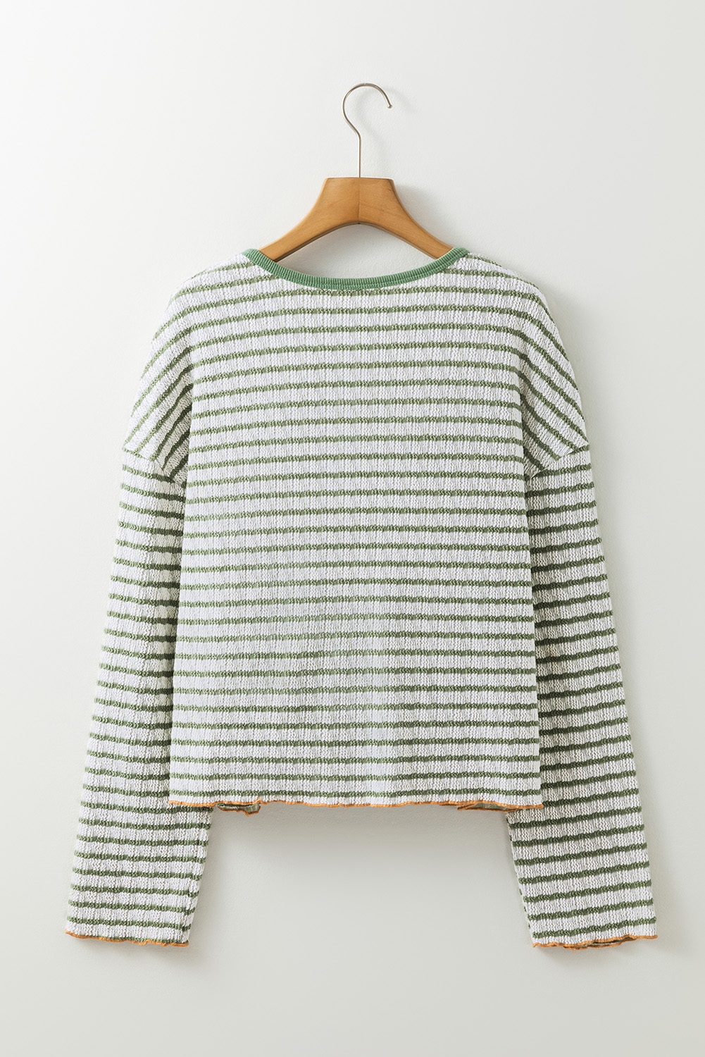 Green Stripe Textured Frilly Trim Buttons Henley Long Sleeve Top - Image 4