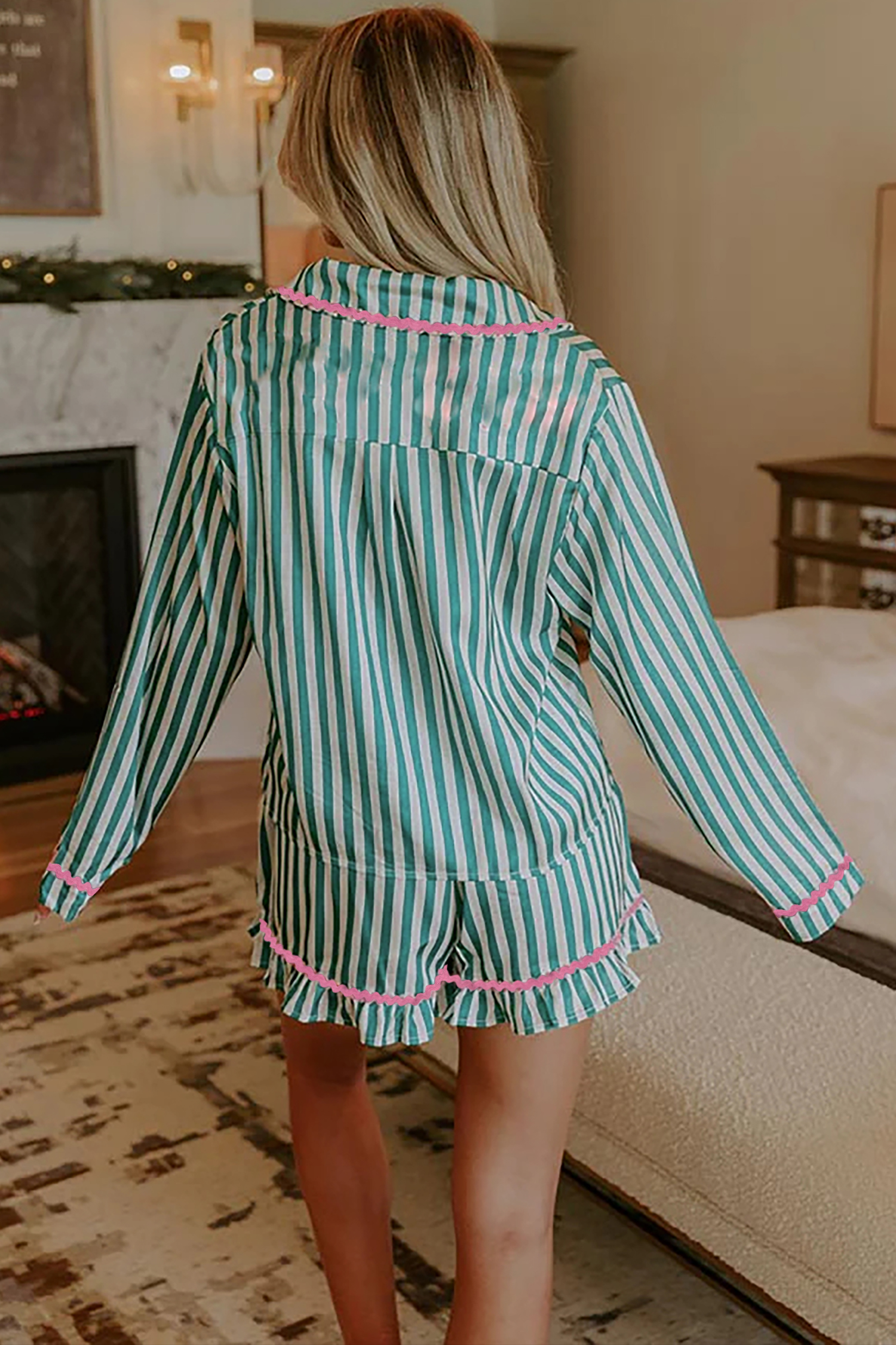 Green Stripe Contrast Ricrac Trim Long Sleeve Shirt Drawstring Ruffled Pajama Short Set - Image 2