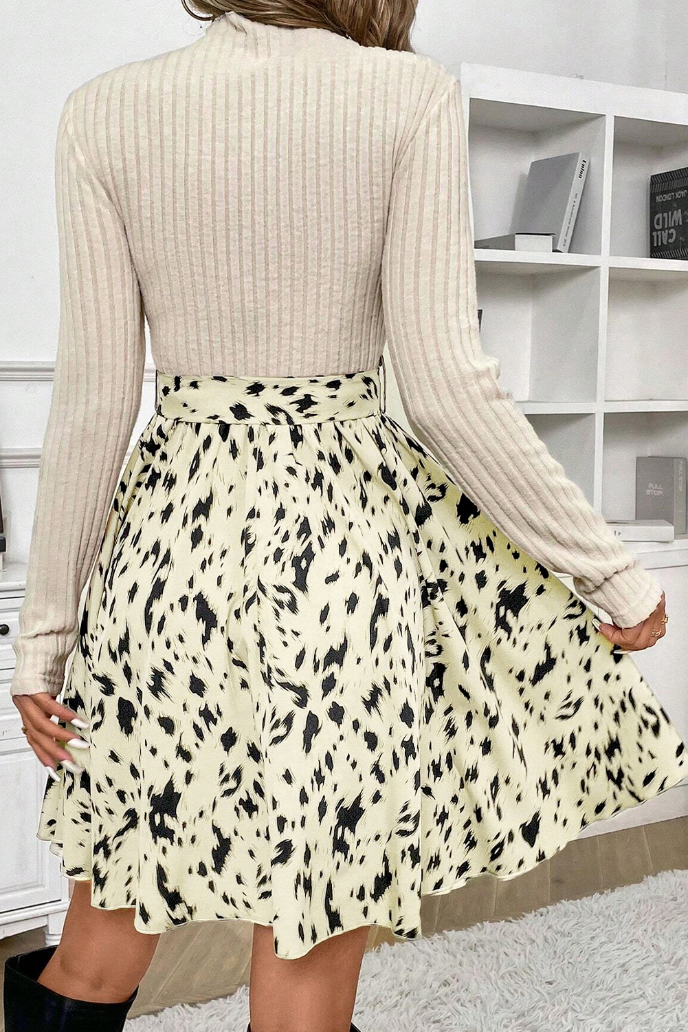 Beige Ribbed Knit Patchwork Printed Belted A-line Dress - Image 2