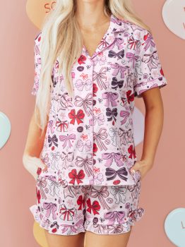 Pink Cute Ribbon Bows Printed 2pcs Short Pajama Set