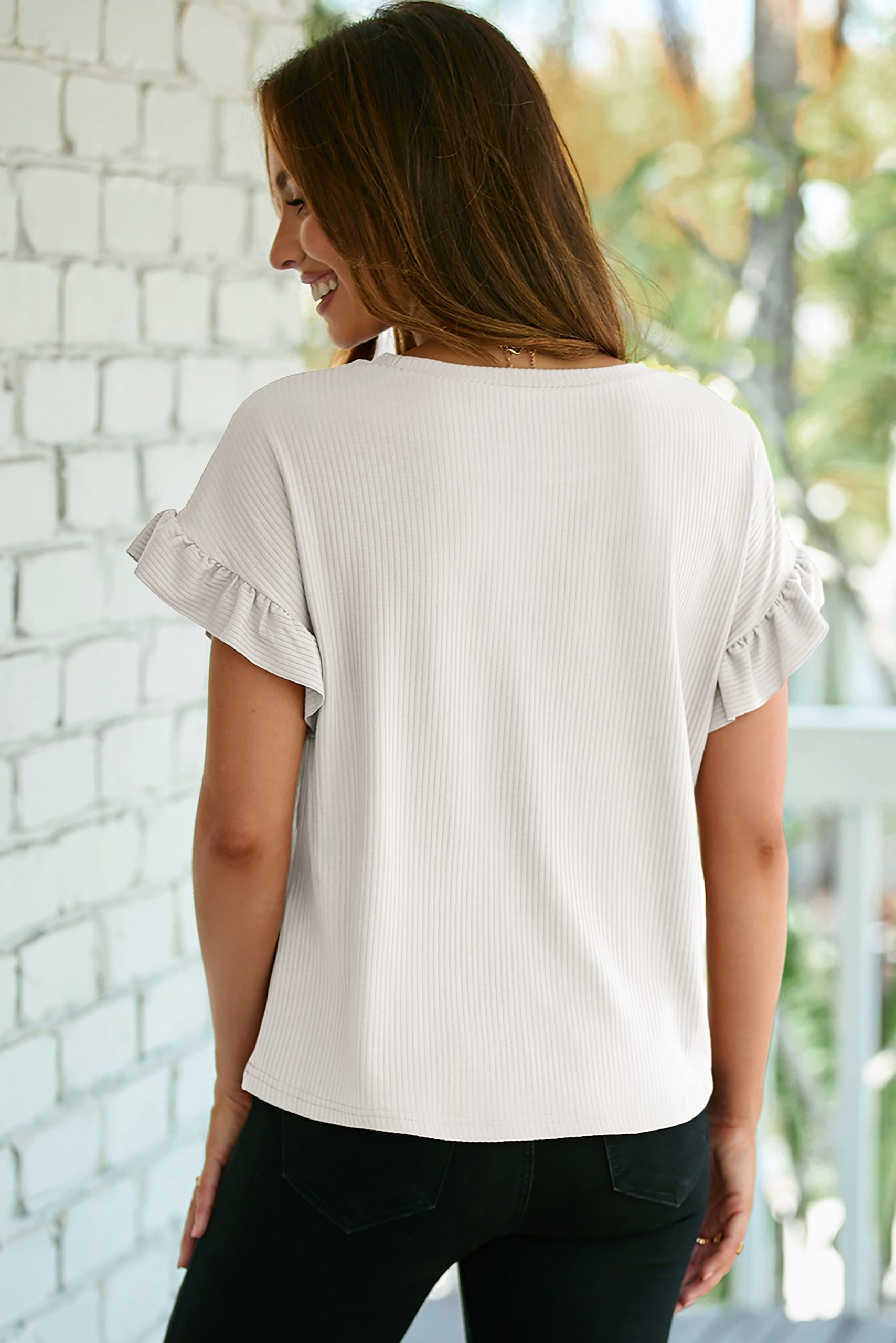White Solid Color Ribbed Ruffled Short Sleeve T Shirt - Image 7