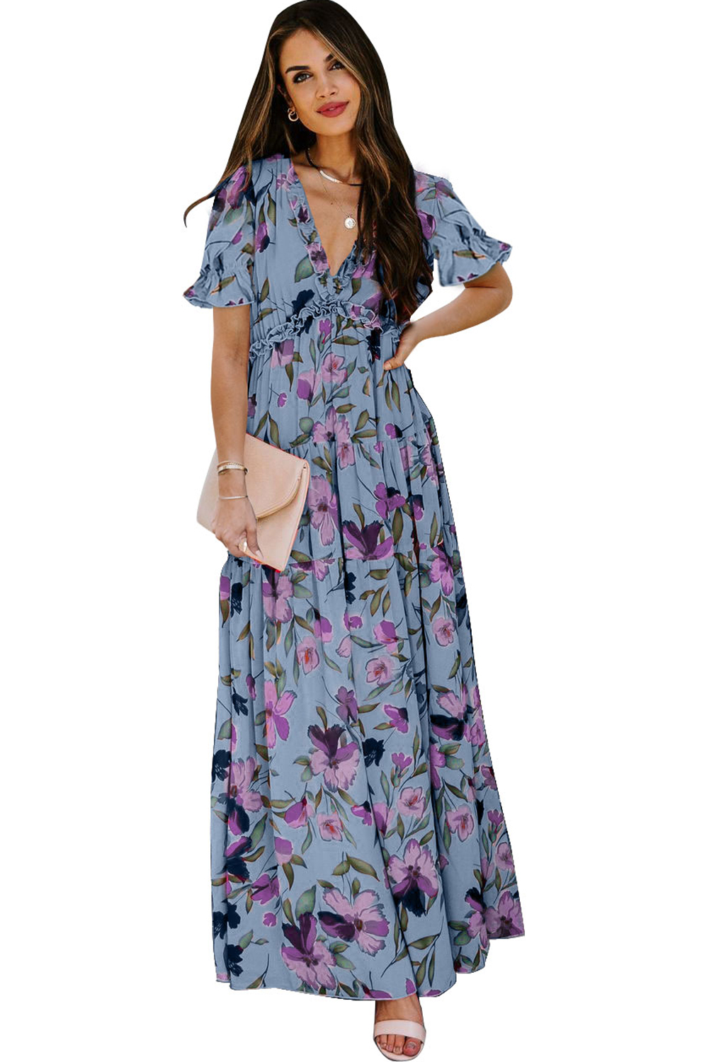 Sky Blue Fiery Floral Print Frilled V Neck Short Sleeve Maxi Dress - Image 4
