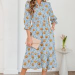 Brown Floral Printed Frilled V Neck Bracelet Sleeve Long Dress