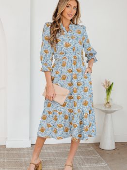 Brown Floral Printed Frilled V Neck Bracelet Sleeve Long Dress
