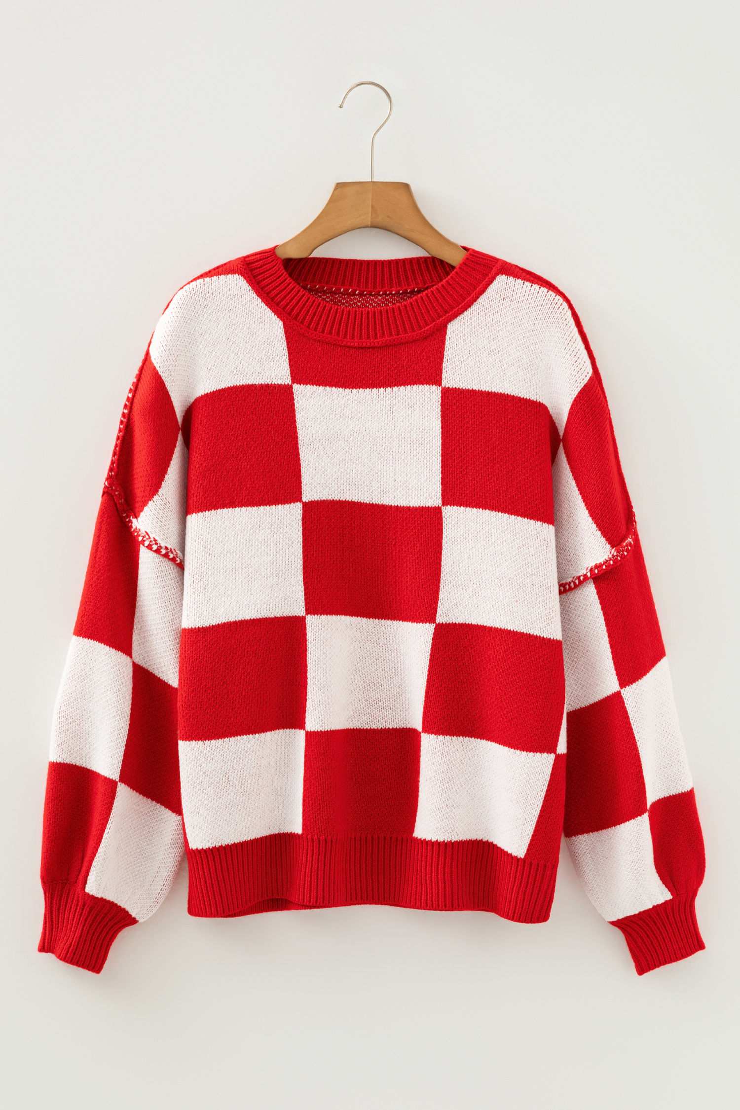 Fiery Red Checkered Bishop Sleeve Sweater - Image 3