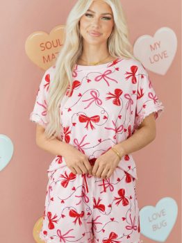 Red Romantic Bow Print Loose Tee Drawstring Shorts 2pcs Lounge Set