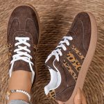 Coffee Contrast Lace-up Leopard Patchwork Detail Faux Suede Shoes