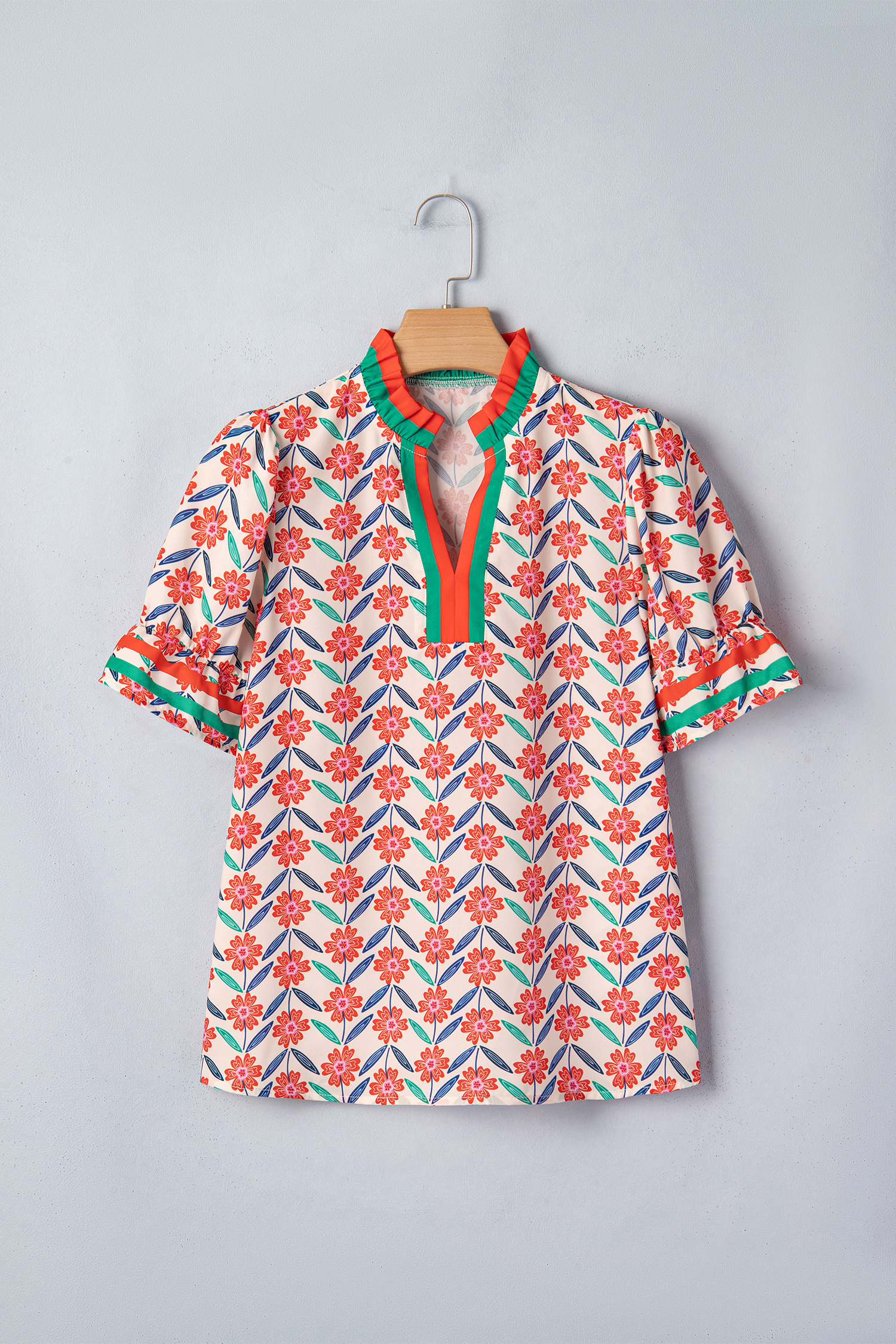 Red Floral Print Striped Detail V Neck Ruffled Short Sleeve Blouse - Image 2