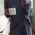 Blue Stripe Drop Shoulder Round Neck Long Sleeve Tee and Buttoned Shorts 2pcs Lounge Set