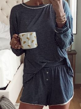 Blue Stripe Drop Shoulder Round Neck Long Sleeve Tee and Buttoned Shorts 2pcs Lounge Set