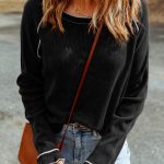 Black Textured Round Neck Long Sleeve Top