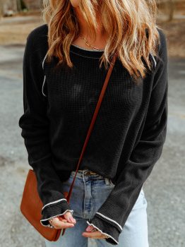 Black Textured Round Neck Long Sleeve Top