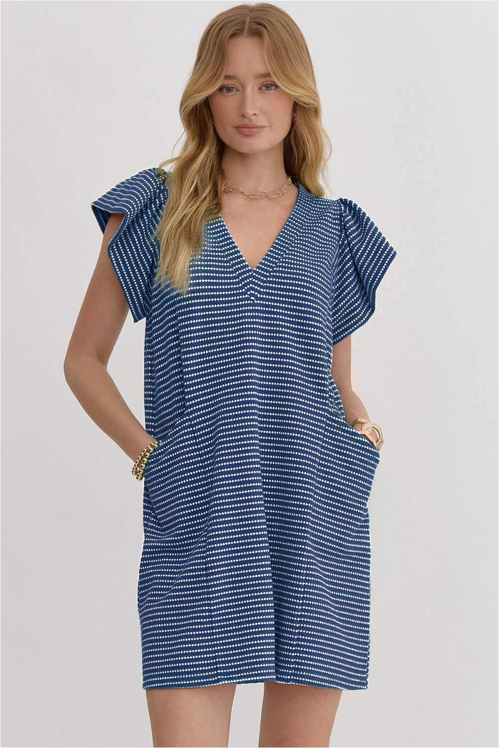 Blue Stripe Textured Knit V Neck Flutter Sleeve Shift Mini Dress - Image 2