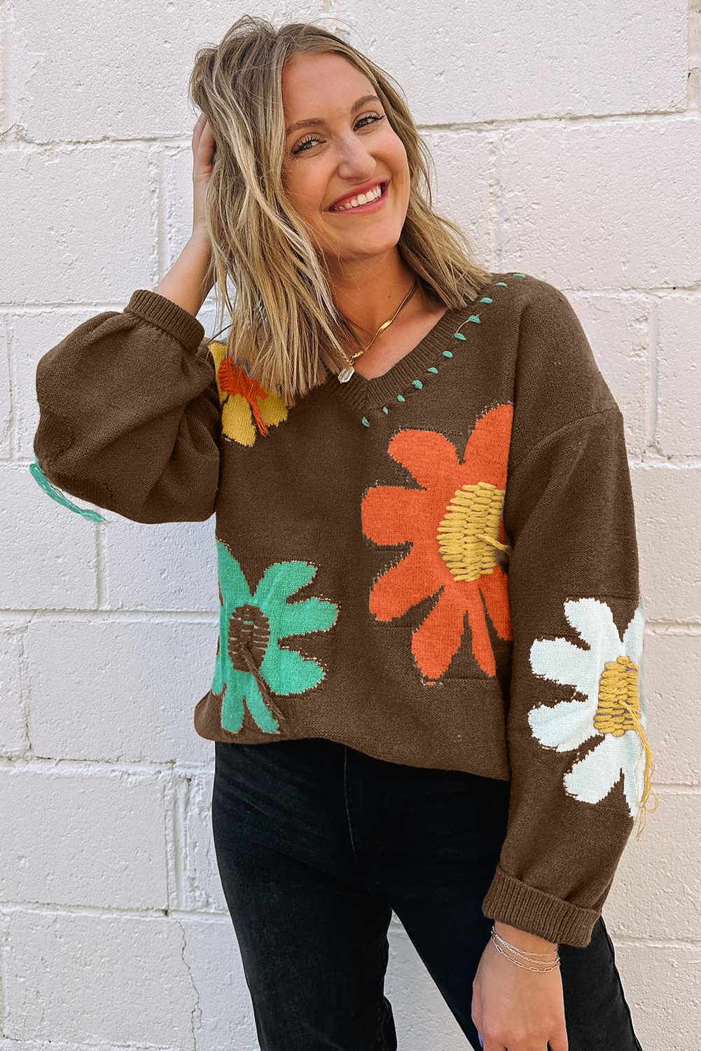 Coffee Big Flower Pattern V Neck Drop Shoulder Sweater - Image 6