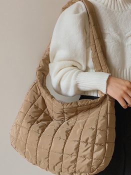 Light French Beige Quilted Zipper Large Shoulder Bag