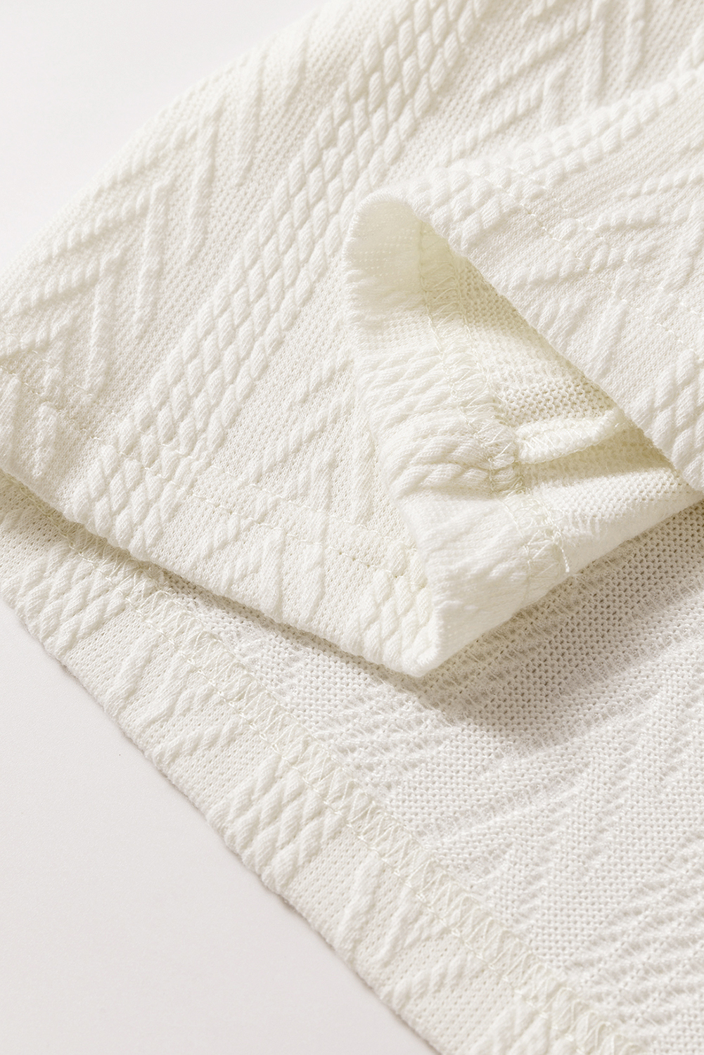 Beige Floral Patchwork Textured Knit Drawstring V Neck Blouse - Image 8