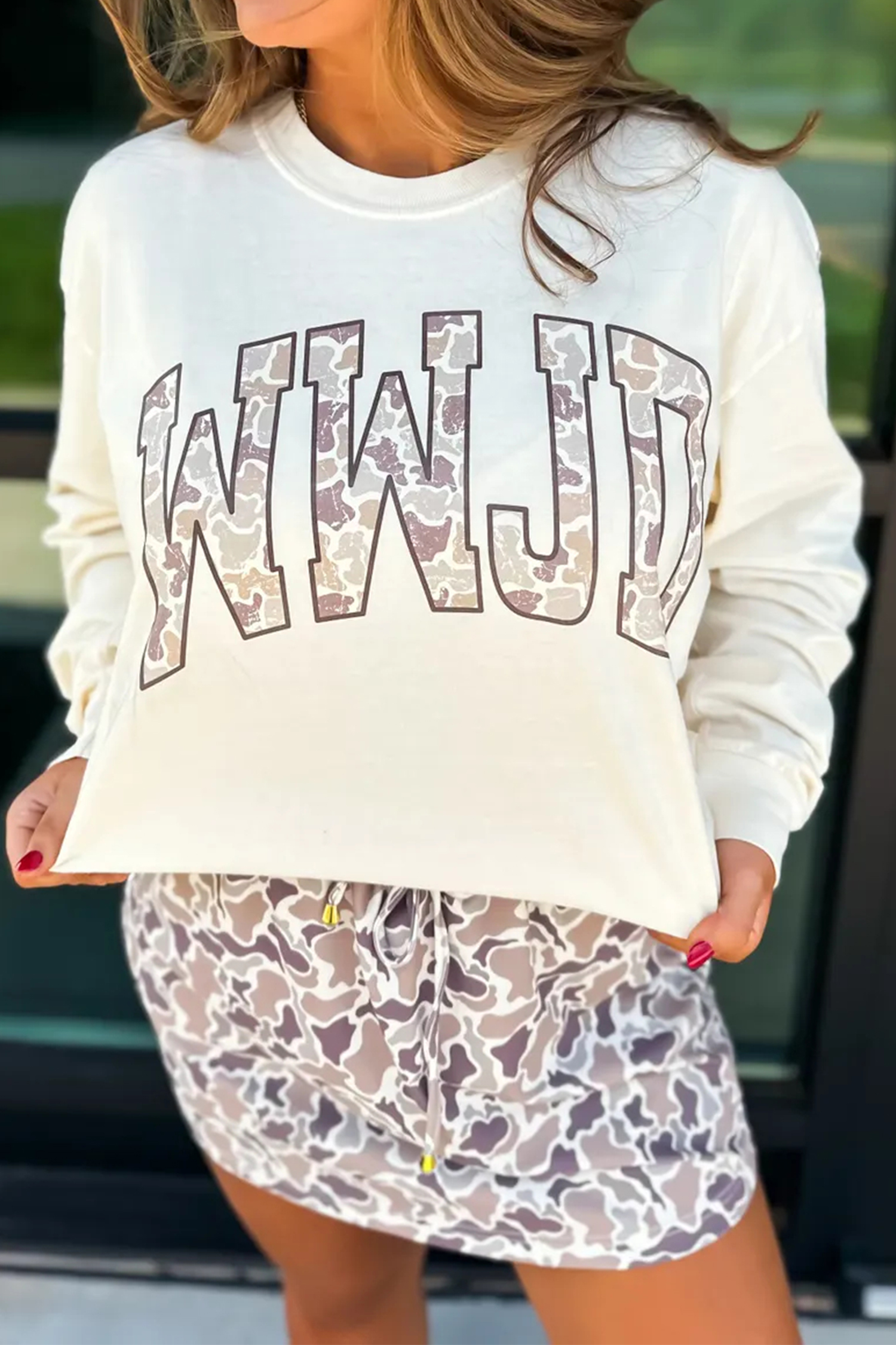 White WWJD Camo Letter Printed Long Sleeve Top - Image 4