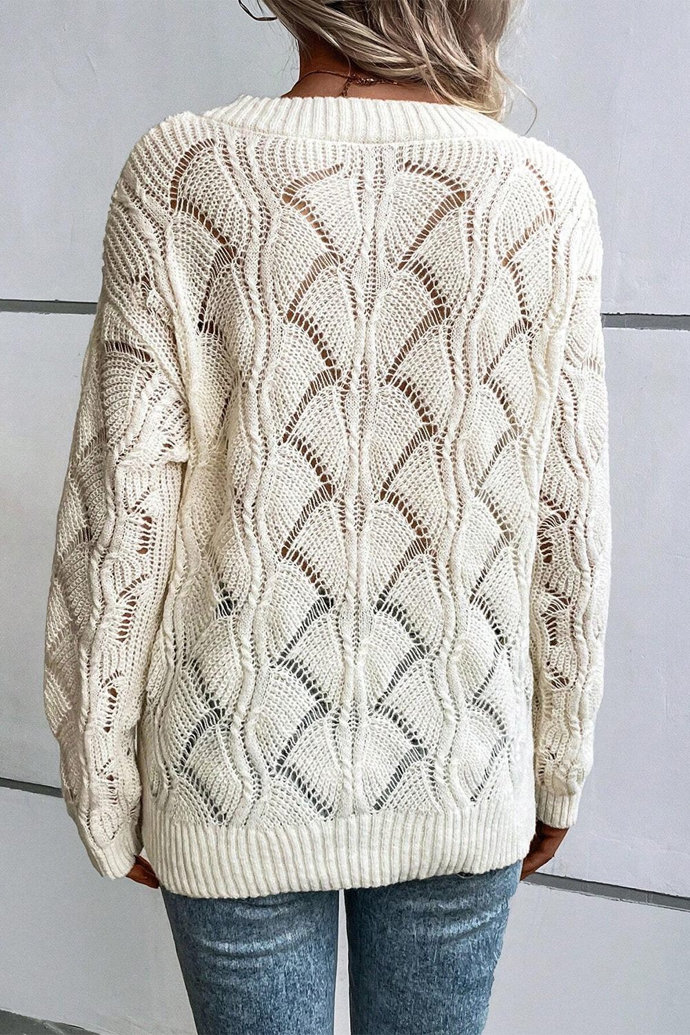 Beige Hollow Out Knit V Neck Drop Shoulder Sweater - Image 2