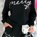 Black Sequin Merry Graphic Pullover and Shorts Outfit