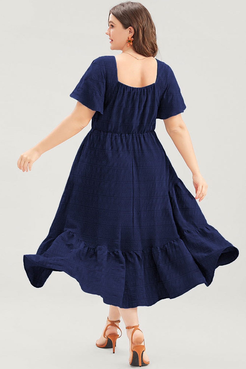 Blue Plus Size Short Sleeve Lace-up High Waist Midi Dress - Image 4