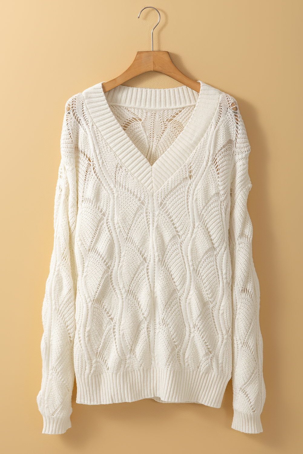 Beige Hollow Out Knit V Neck Drop Shoulder Sweater - Image 7