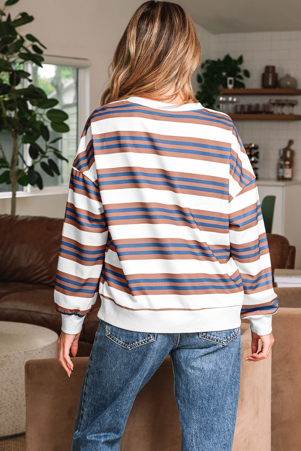Brown Stripe Crew Neck Drop Shoulder Pullover Sweatshirt - Image 2