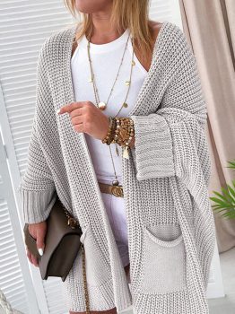 Gray Oversized Fold Over Sleeve Open Front Cardigan