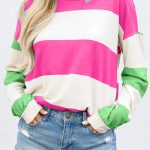 Rose Red Colorblock Striped Drop Shoulder Long Sleeve Top
