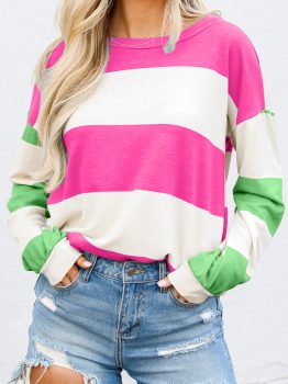 Rose Red Colorblock Striped Drop Shoulder Long Sleeve Top