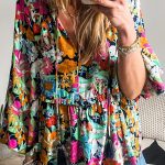 Multicolour Floral Print Bubble Sleeve V Neck Ruffled Blouse
