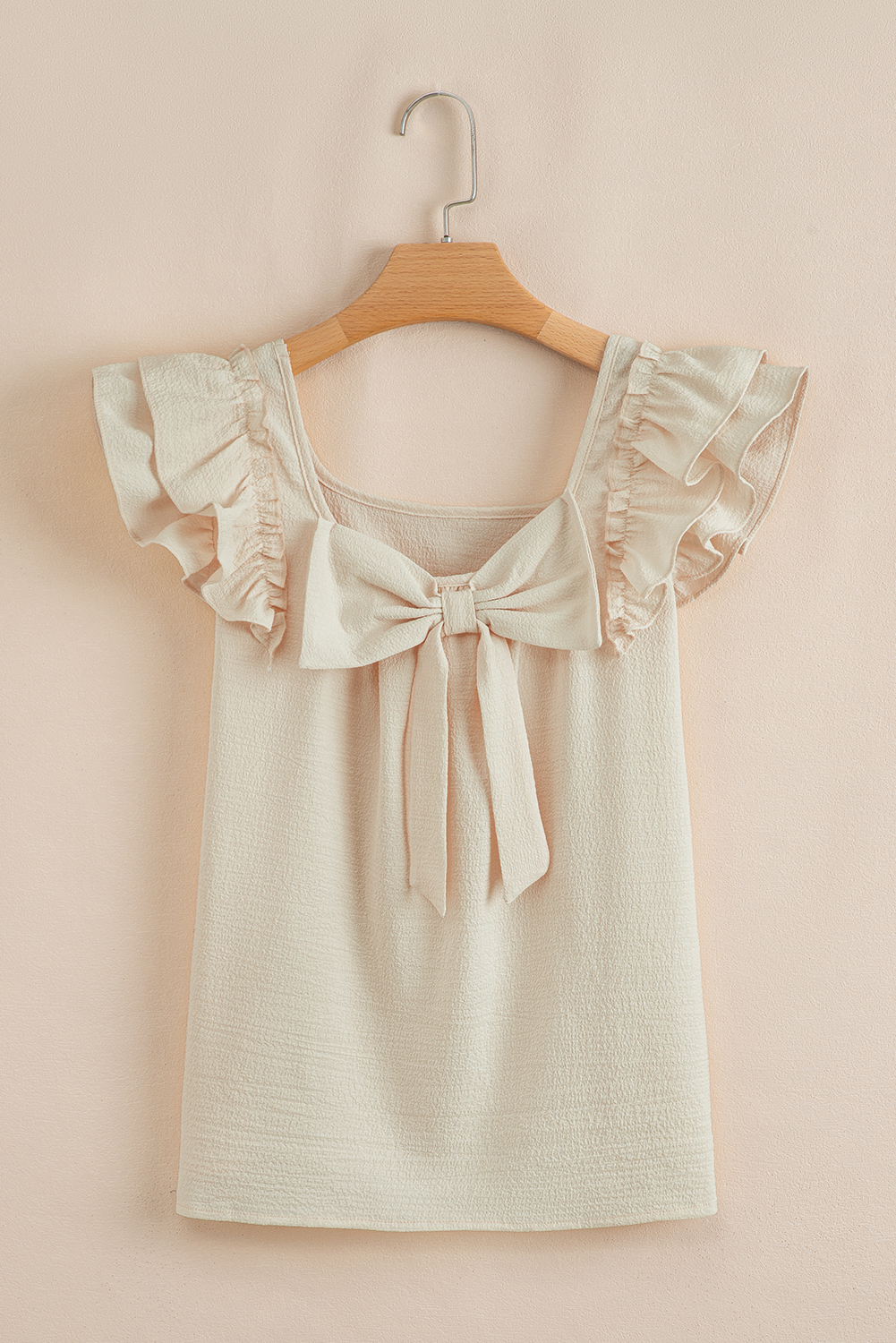 Beige Textured Bow Knot Frilled Butterfly Sleeve Blouse - Image 8