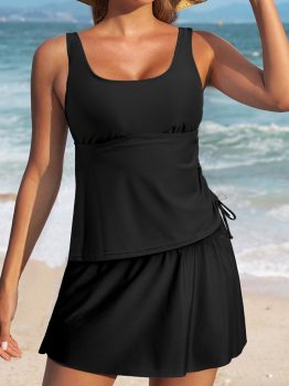 Black Scoop Neck Adjustable Tankini and Matching Skort Bathing Suit