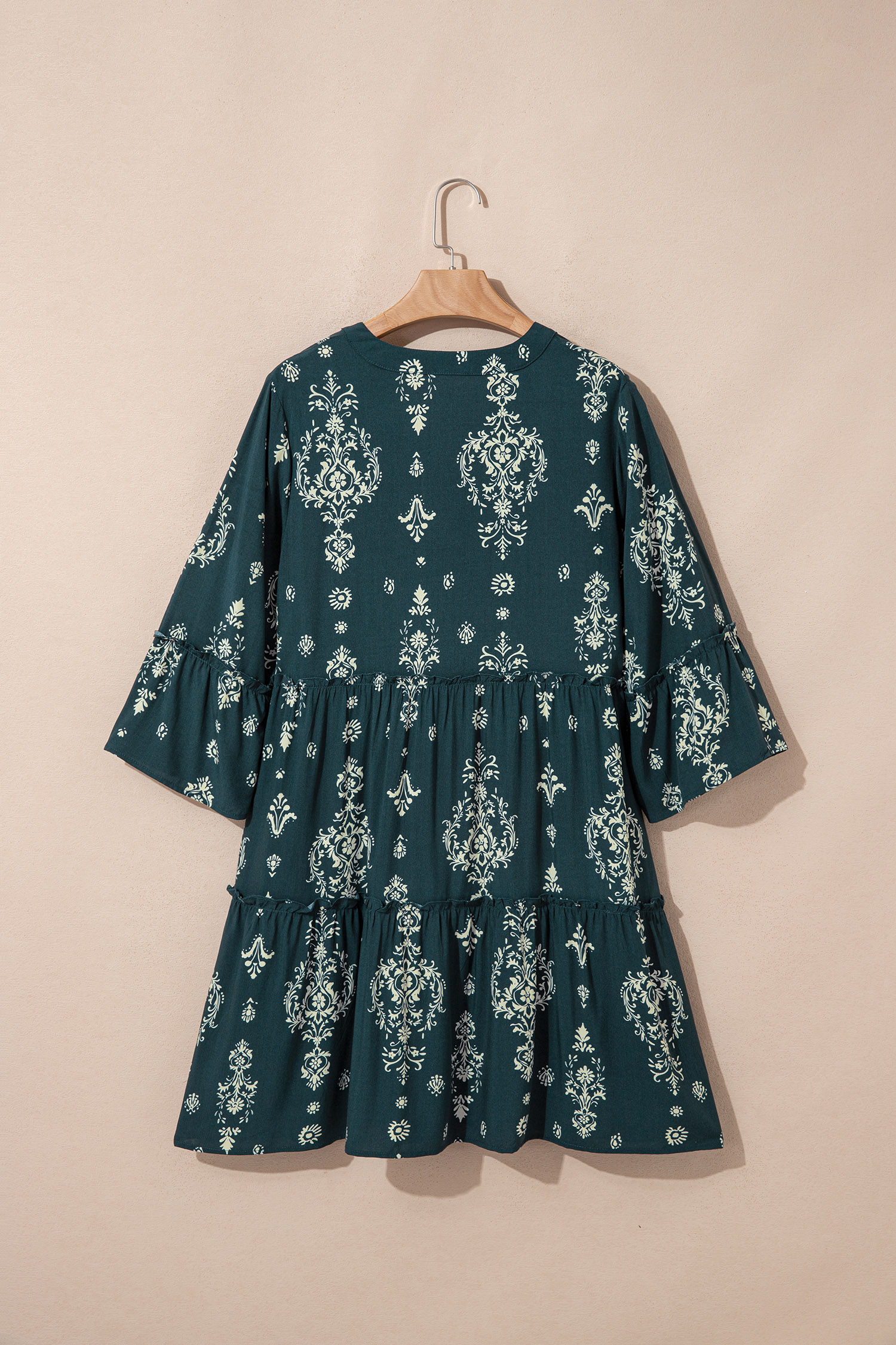 Blue Boho Floral Print Lettuce Trim 3/4 Sleeve Mini Dress - Image 4
