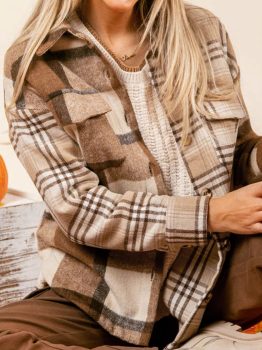 Light French Beige Flannel Plaid Double Flap Pocket Shacket