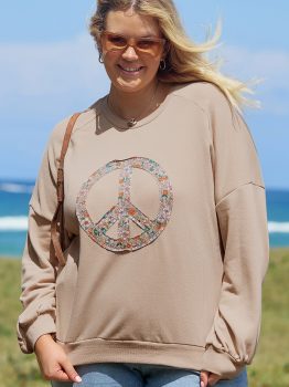 Pale Khaki Floral Peace Sign Graphic Washed Terry Plus Size Sweatshirt