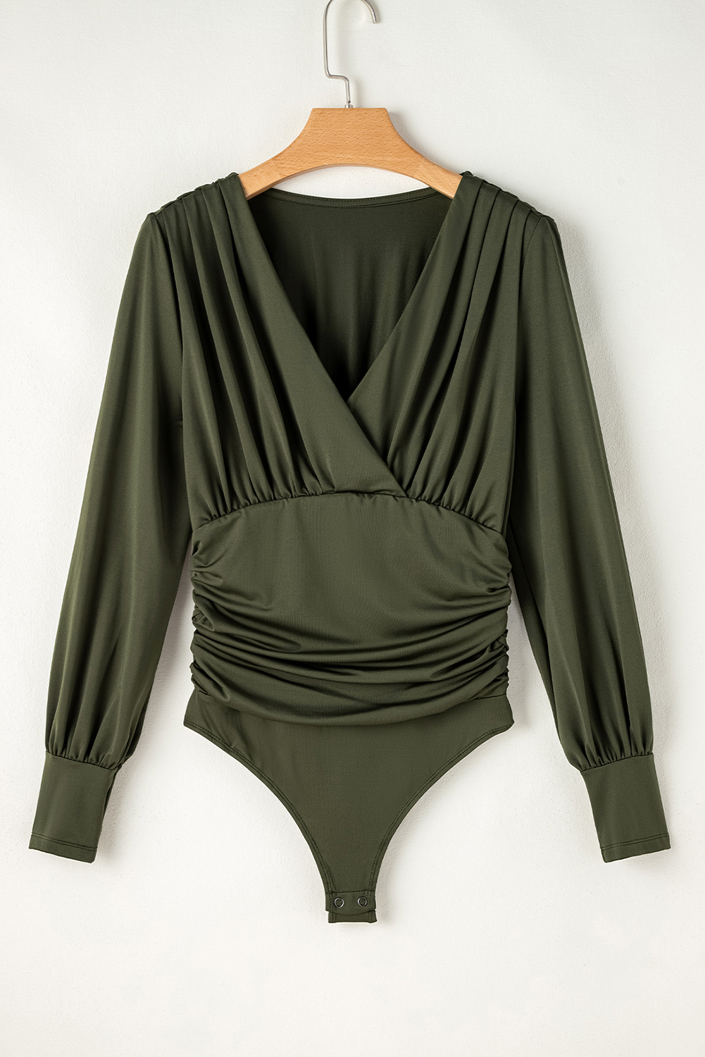 Moss Green Ruched Wrap V Neck Long Sleeve Bodysuit - Image 6