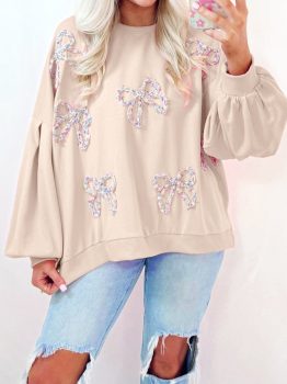 Parchment Embroidered Bow Lantern Sleeve Oversized Pullover Sweatshirt
