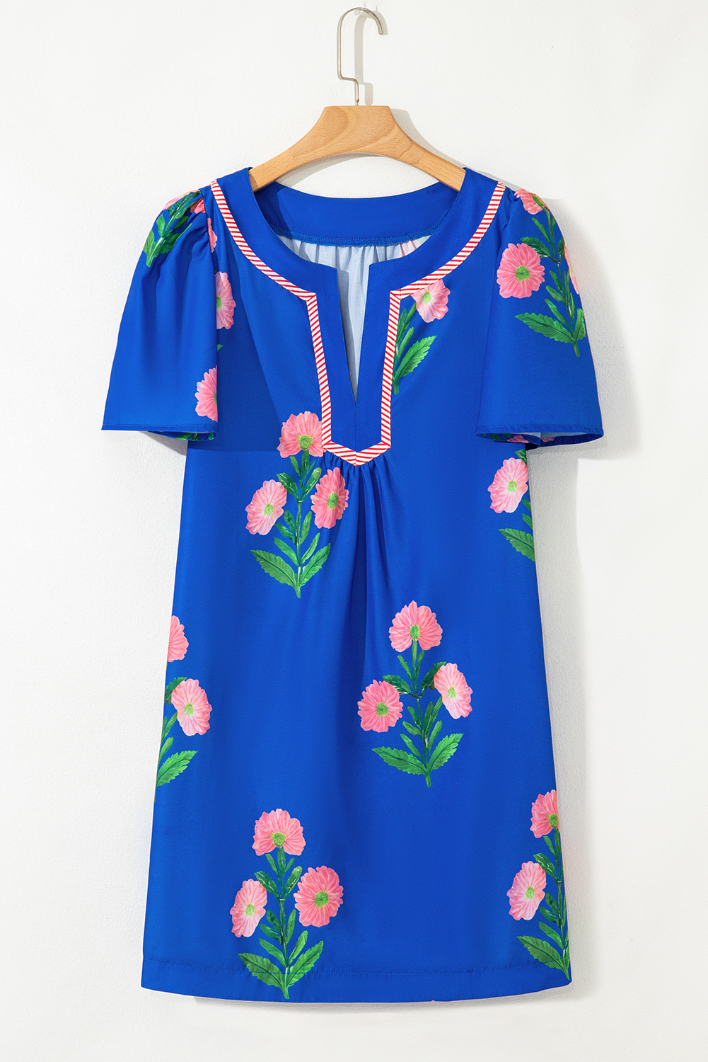 Blue Floral Short Sleeve Split Neck Loose Mini Dress - Image 8