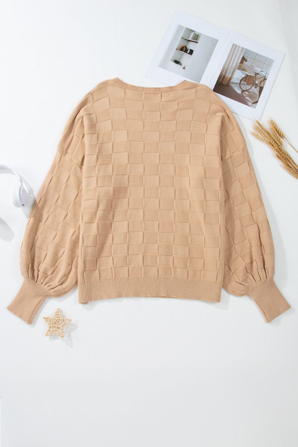 Light French Beige Solid Checkered Textured Knit Plus Size Sweater - Image 8