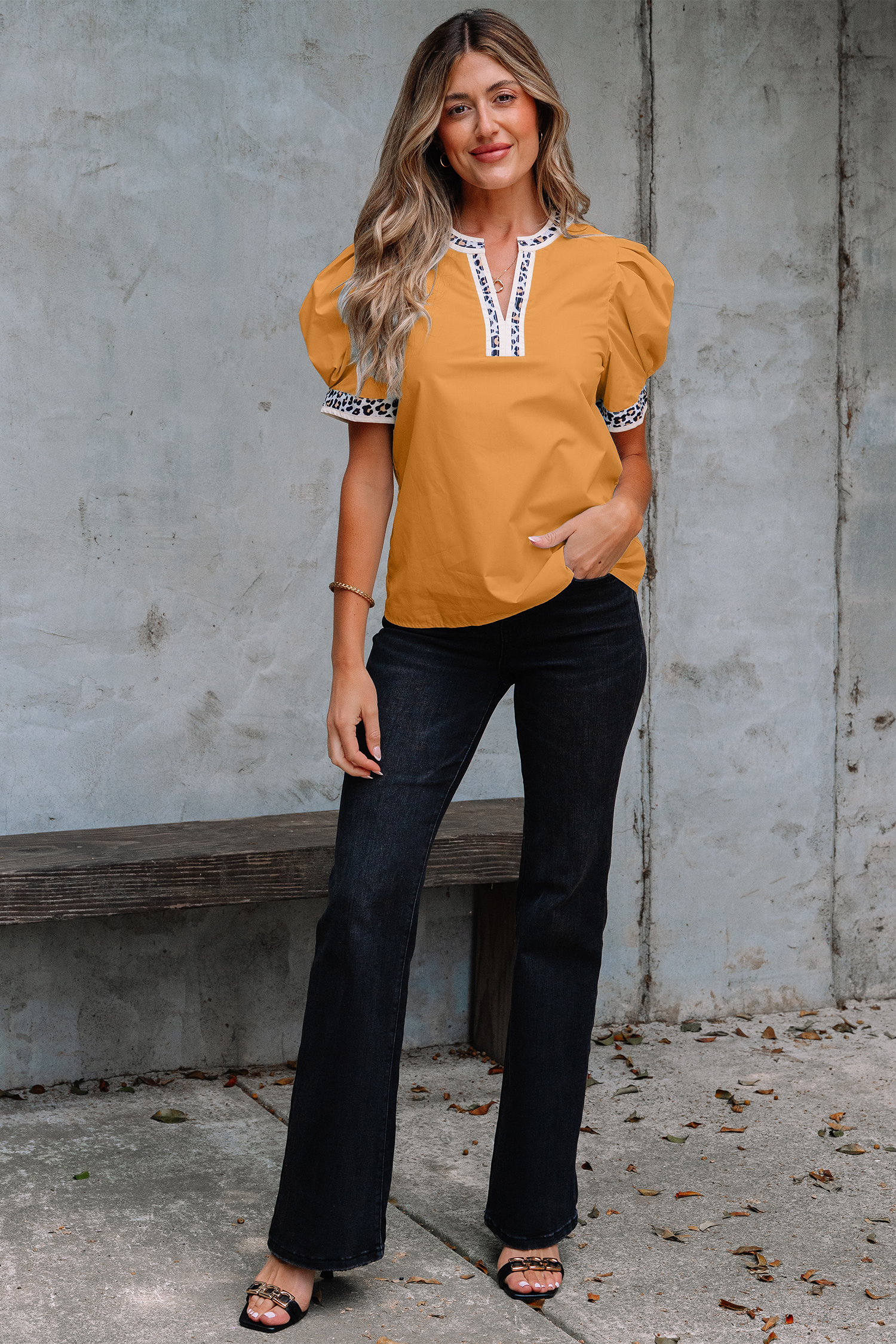 Buckskin Contrast Leopard Trim Split Neck Puff Sleeve Blouse - Image 8