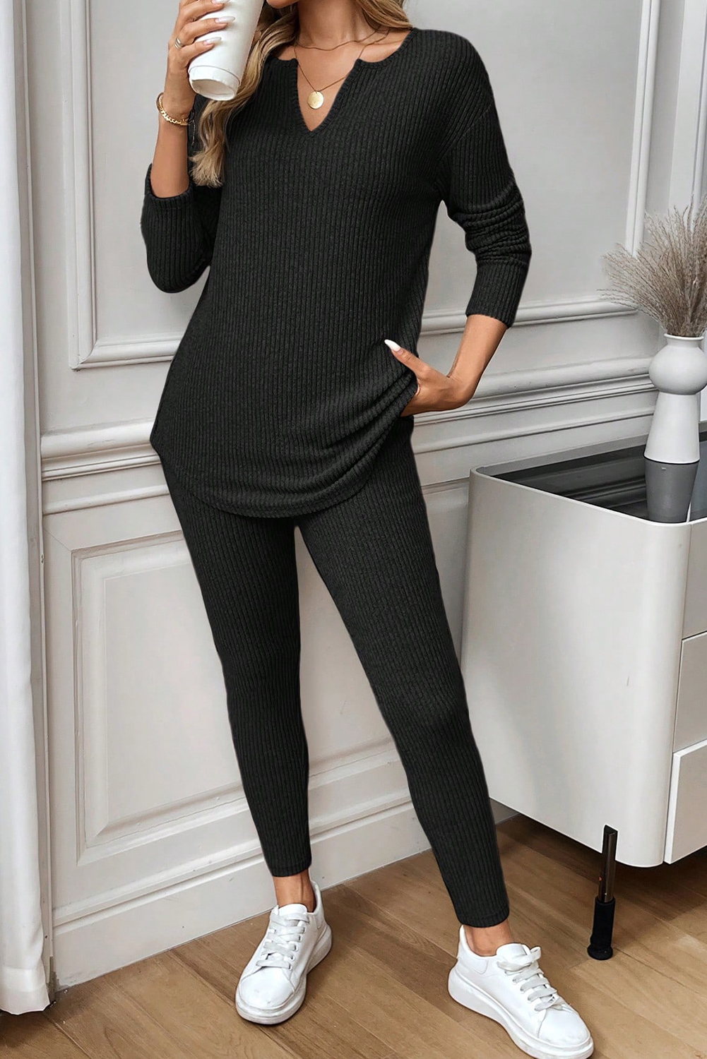 Black Ribbed Notched Neck Knit Long Sleeve Leggings Two Pieces Lounge Set - Image 4