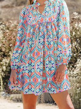 Sky Blue Abstract Printed Long Sleeve Tied Neckline Mini Dress