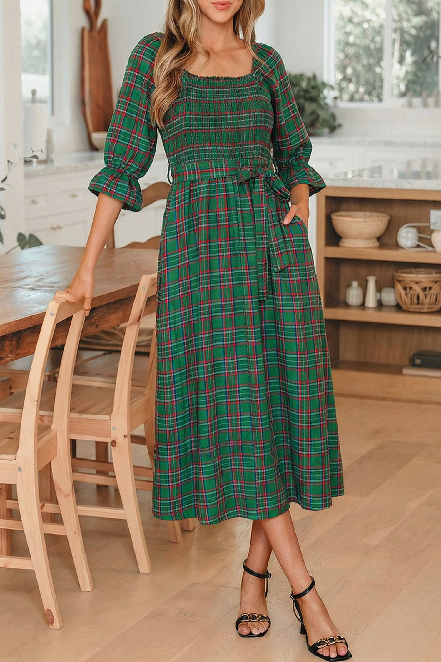 Green Tartan Plaid Square Neck Puff Sleeve Knot Waist Flared Midi Dress - Image 6