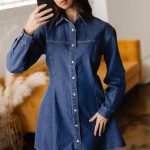 Ashleigh Blue Denim Shirt Collar Long Sleeve Flared Mini Dress
