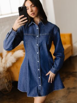 Ashleigh Blue Denim Shirt Collar Long Sleeve Flared Mini Dress