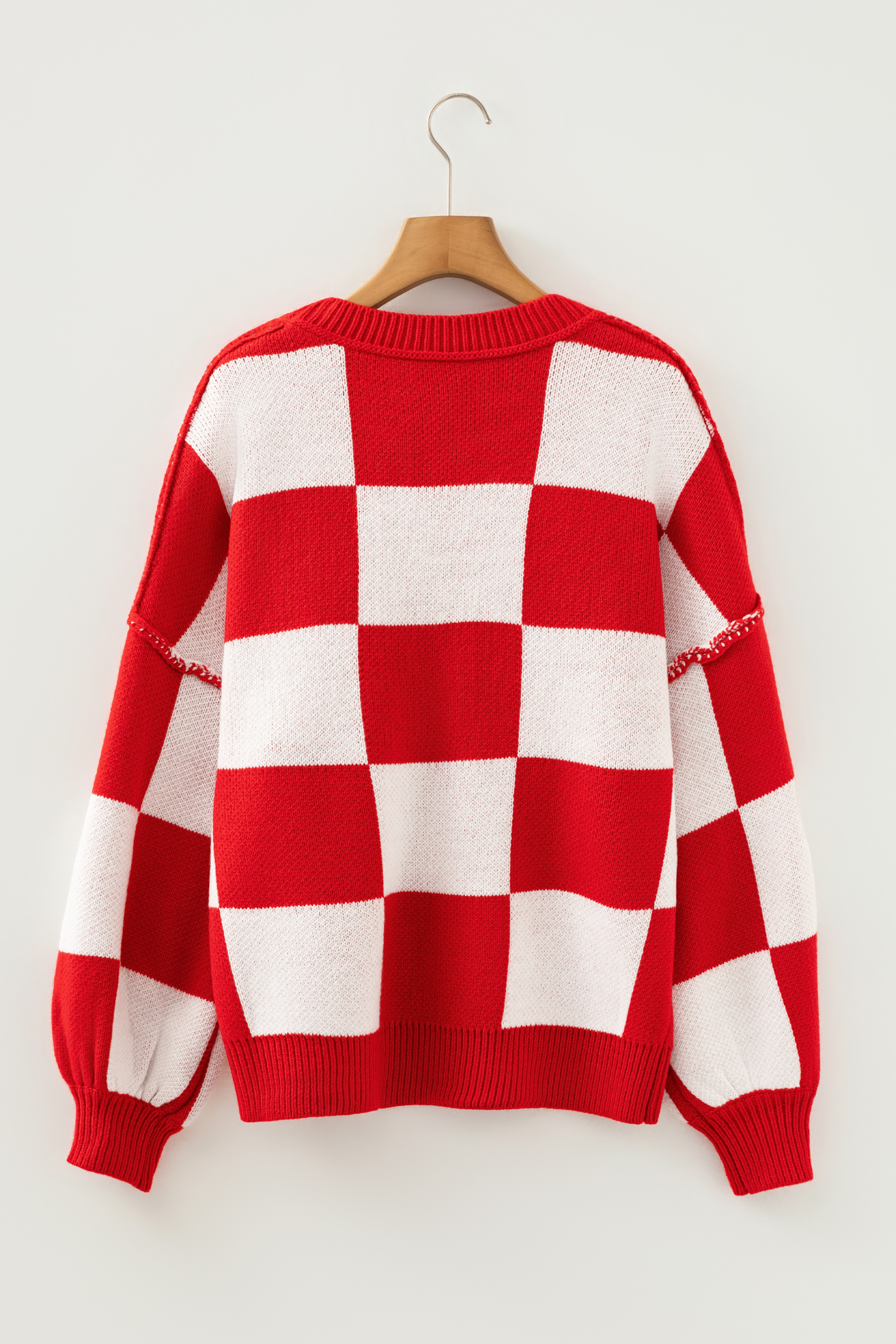 Fiery Red Checkered Bishop Sleeve Sweater - Image 4