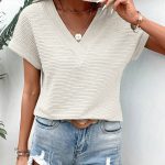 Pale Khaki Textured Wide Sleeve V Neck T Shirt