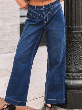 Sail Blue Stitched Waist Detail Loose Cuffed Jeans