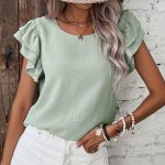 Clearly Aqua Solid Color Ruffled Short Sleeve Casual Blouse